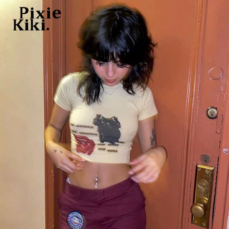 

Футболки PixieKiki Y2k в эстетическом стиле, уличная одежда, милые короткие топы для девочек-подростков, мода 2000s, футболки с коротким рукавом