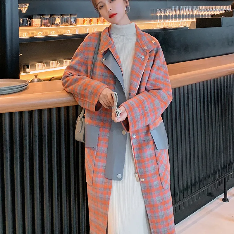 New Korean Fashion Loose Vintage Temperament Woolen Overcoat Orange Plaid Long Coat Jacket Female Autumn Winter Windbreaker 2021