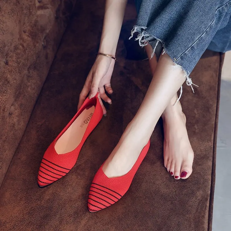 Slip on Mesh Loafers Breathable Stretch Ballet Shallow Flats Women Soft Bottom Pointed Toe Boat Shoes 35-40 Size 2022 New