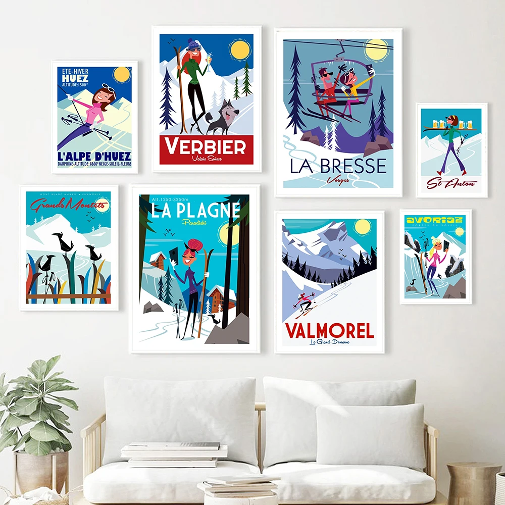 

Anton Ski Poster Suisse Snow Field Mountain Art Poster Print Travel Cartoon Girl Dog Sport Wall Canvas Painting Room Home Decor
