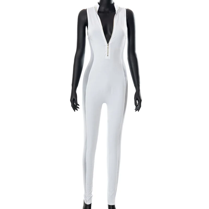FTS Elegant Female Party Clothing One PiecePlaysuit Bodysuit Sleeveless Zip Stand Collar Sexy Mesh Leggings Women Jumpsuit