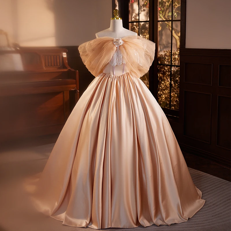 

Evening Dress Champagne Lace Up Pleat Floor-Length Short Sleeves Boat Neck Ball Gown Satin New Party Formal Dresses Woman B2813