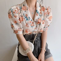 korea fashion women shirt heavy craft fabric embroidery printing flower ladies pearl buttons up shirt short summer tops 2022