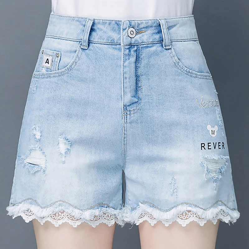 Korean Aesthetic Women Thin Lace Shorts Summer Casual Lightweight Comfortable Cotton Loose Wide Leg Denim Shorts High Waist Hole