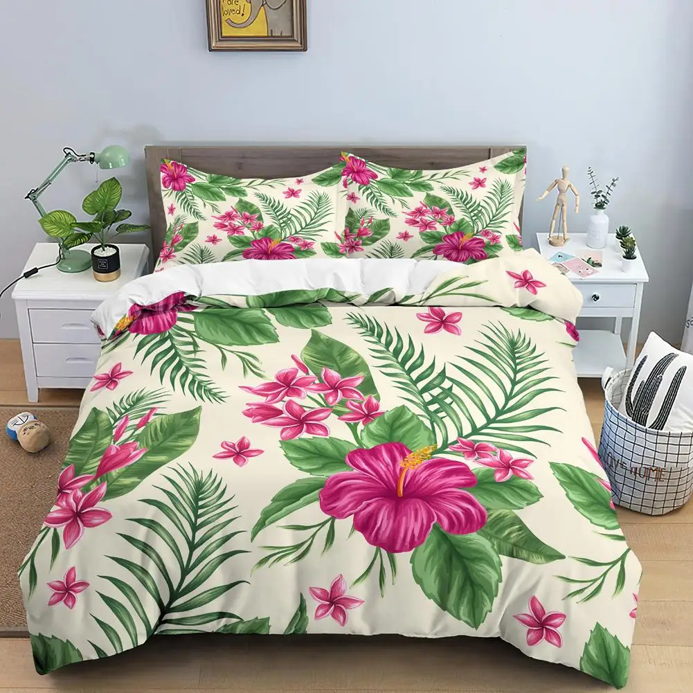 

Flower Duvet Cover Set King Size Pink Flowers Green Leaves Pattern Quilt Cover for Teen Girl Microfiber Floral Theme Quilt Cover