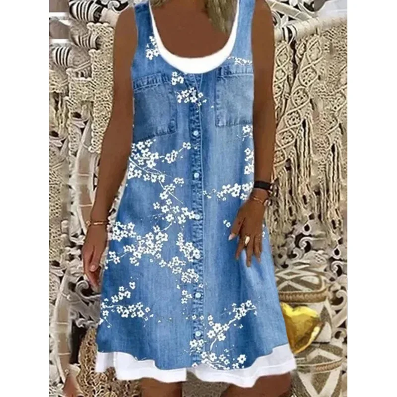 

Women Tank Dress 2022 Summer Retro Denim Style Floral Print Splice Mini Dress Casual Sleeveless O-Neck Loose Dresses S-5XL Robe