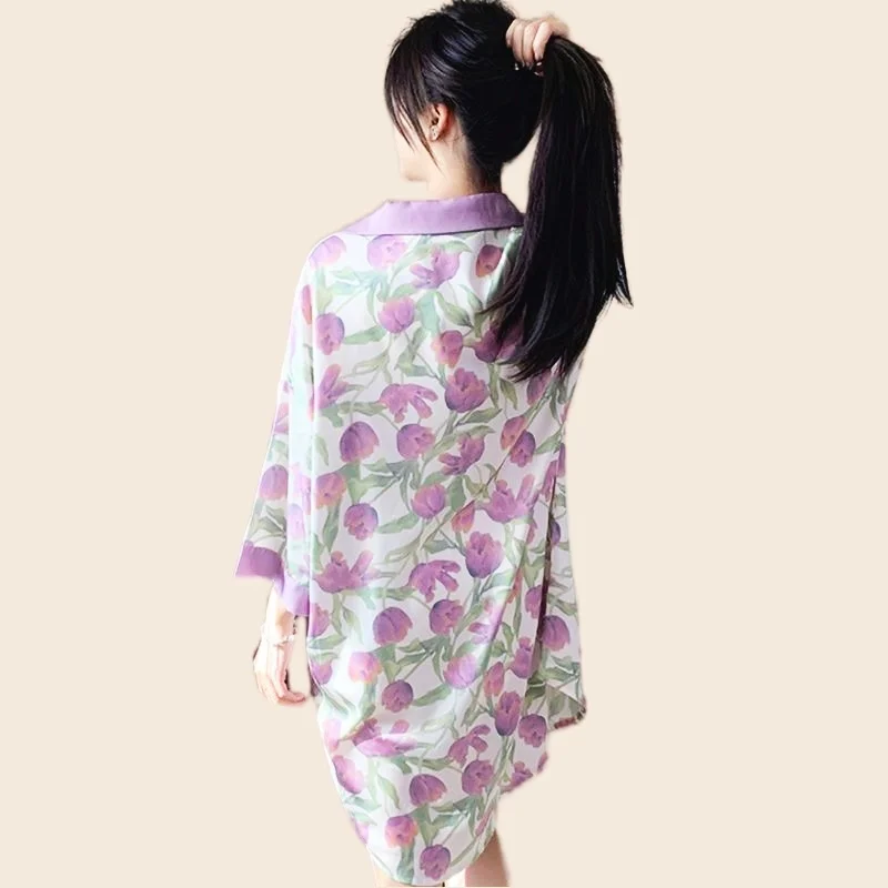 Purple Tulip Nightdress For Women V-Neck Sleeveless Sexy Flower Print Loose Nightwear Fashion luxury Clothes