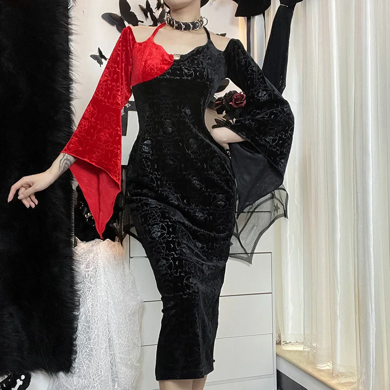 

Gothic Halter Bandage Black Dress Women Streetwear Y2K Patchwork Sexy Batwing Sleeve Dress Hallowen Party Dress