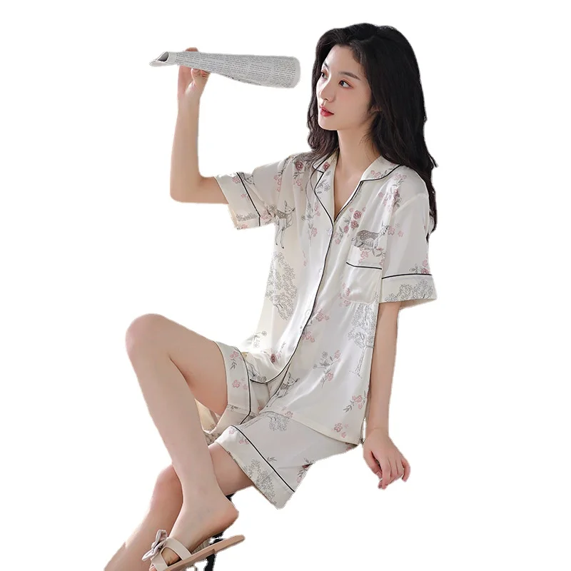 Satin ice silk women's short-sleeved shorts spring and summer printed home service suit women's autumn pajamas new products