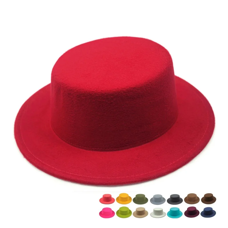 

Elegant British Wide Brim Ladies Caps Bowler Hats Flat Top Fedoras Hats for Women Solid Color Imitation Woolen Jazz Cap