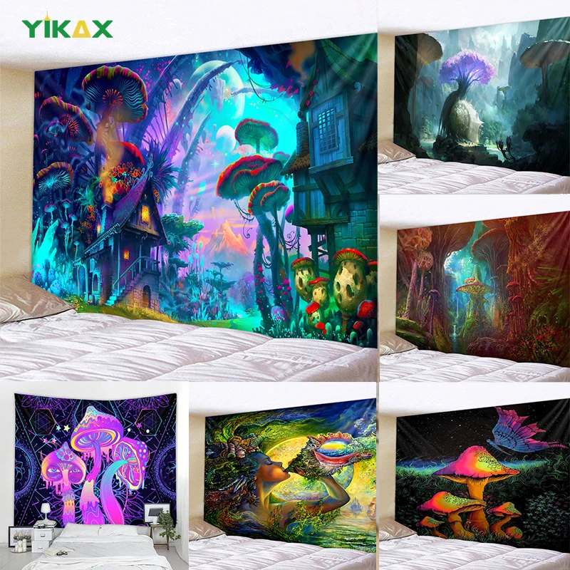 

Tapestry Psychedelic Wall Hanging Mushroom Fantasy Mandala Bohemian 3D Printing Hippie Colorful Art Family Dorm Home Decoration