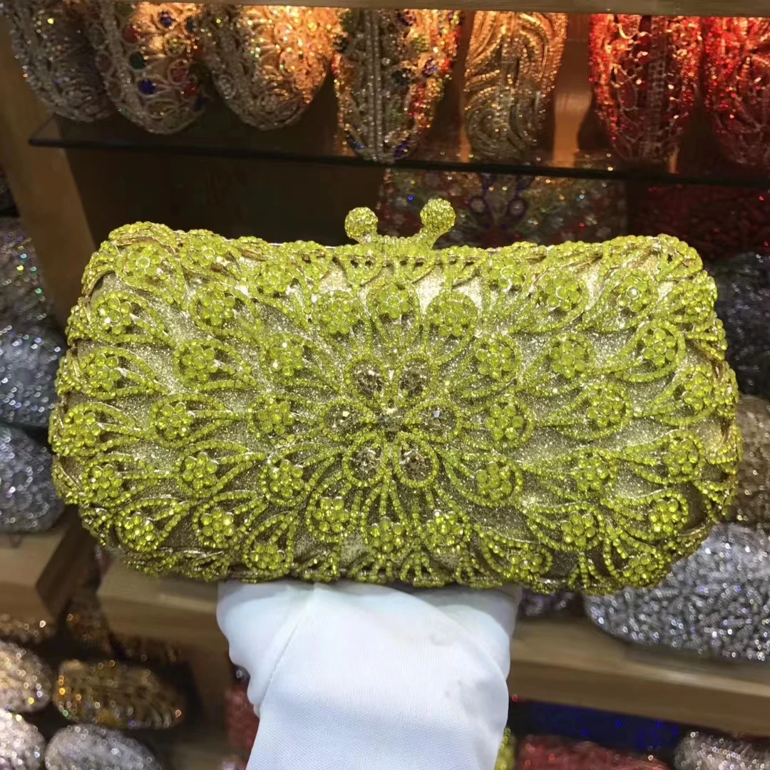 

Women Yellow/Green Rhinestones Metal Minaudiere Wedding Stones Clutch Purse Evening Handbag Women Party Prom Bag Bridal Clutches