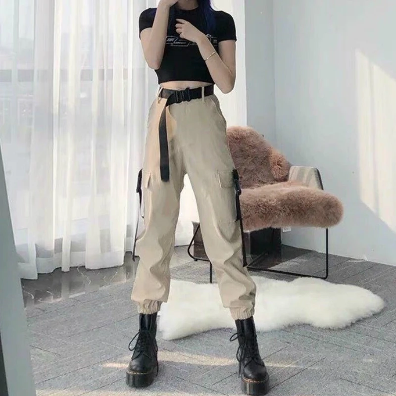 

Casual Pants Women Sashes Cargo Safari-style Pockets Unisex BF Loose All-match Ulzzang Streetwear Hip-hop Students Trendy Chic