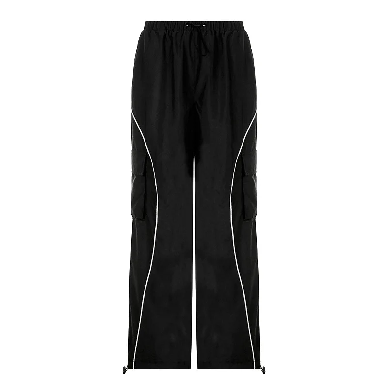 Summer New Spice Girl Sports Fashion Elastic Band High Waist Multi Pocket Loose Casual Pants White Black Tide Europe America