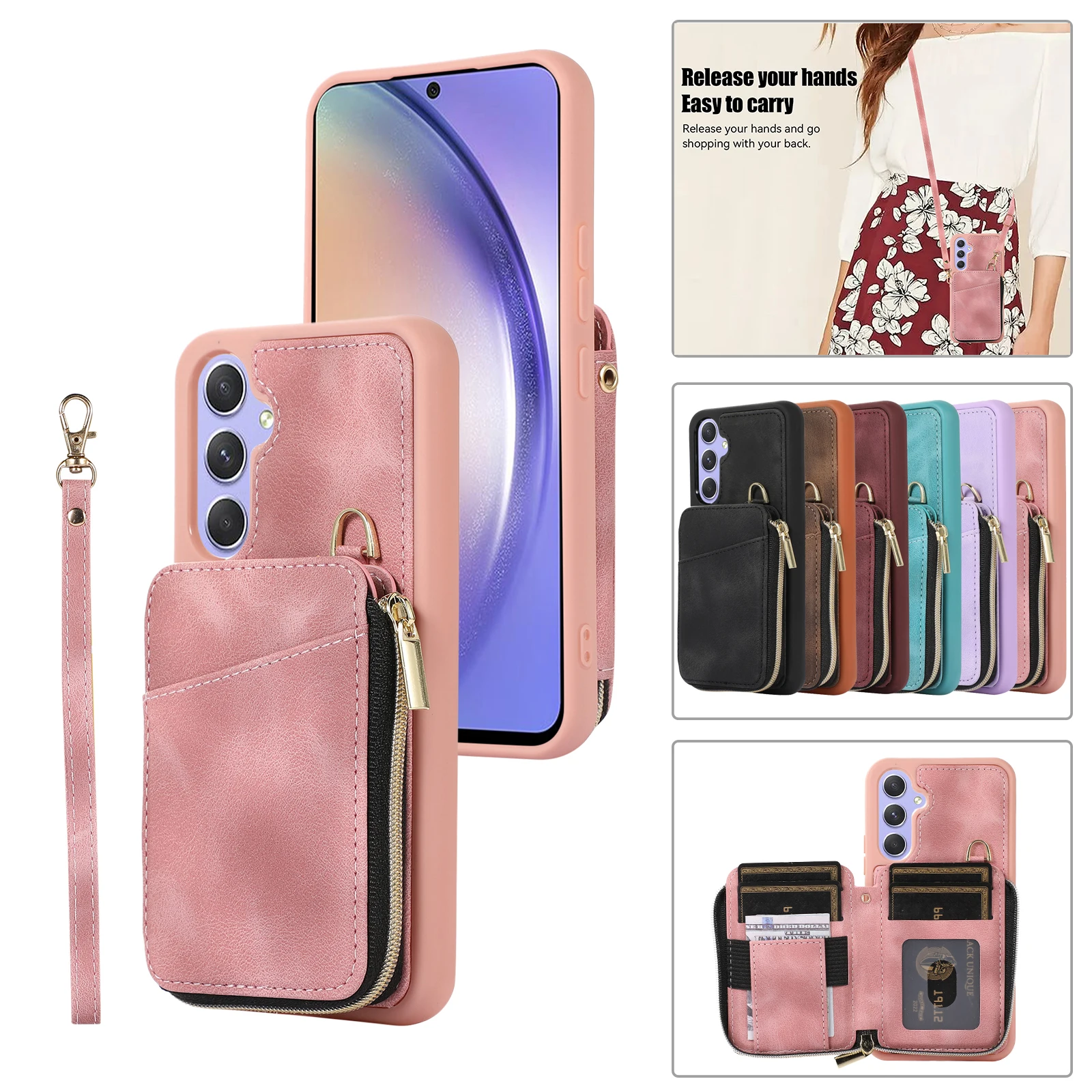 

Crossbody Zipper Wallet Leather Cards Solt Case For Samsung Galaxy S23 Ultra S21 FE S22 Plus A14 A34 A54 A53 A13 5G Strap Cover