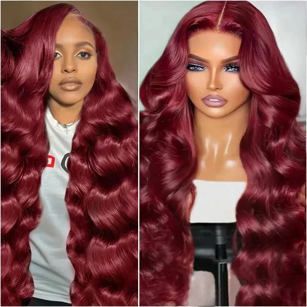99J Бордовый парик из натуральных волос на кружеве объемная волна красные цветные