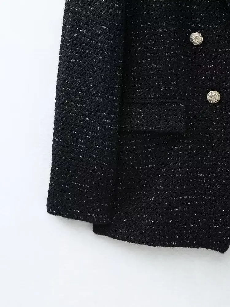 Jenny&Dave England Style Office Lady Double Breasted Tweed Texture Fashion Blazers Casual Jacket Women