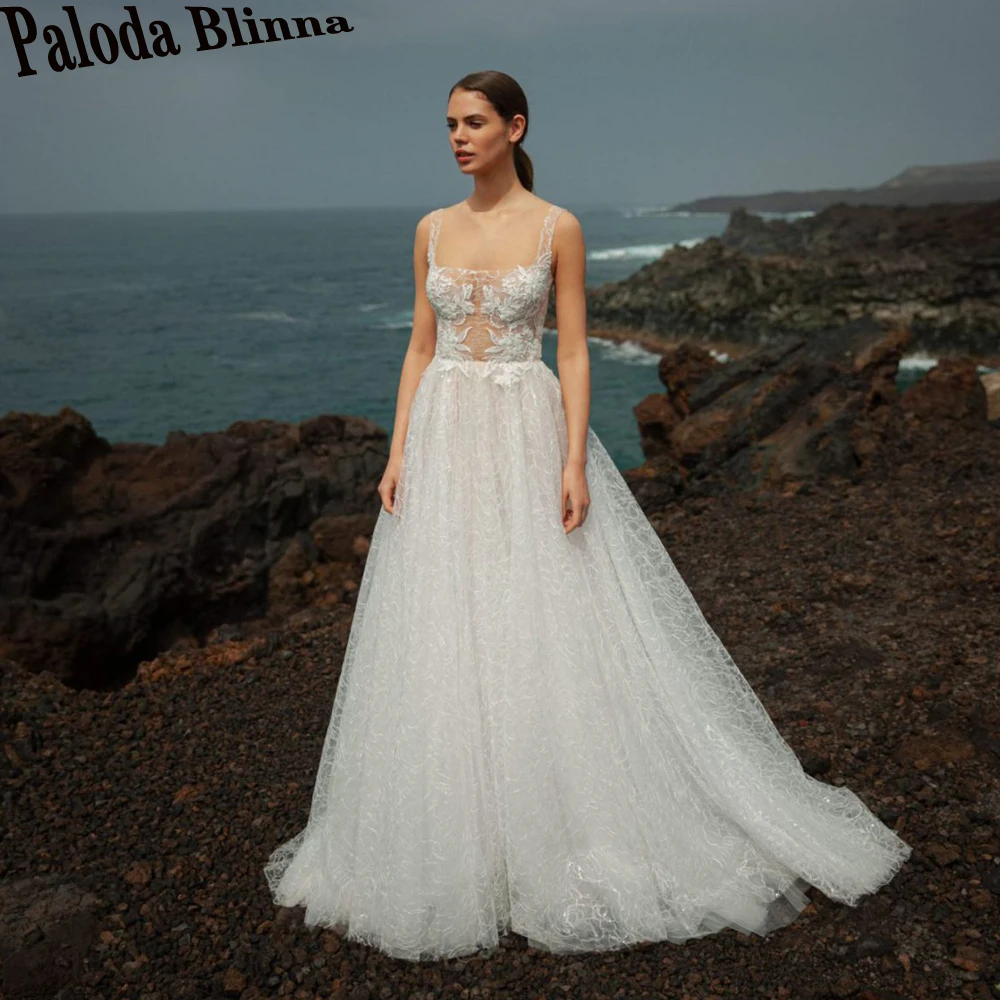 

Paloda Fancy Square Collar Wedding Dresses for Bride Spaghetti Straps A-line Lace Appliques Button Robe De Mariée Made To Order