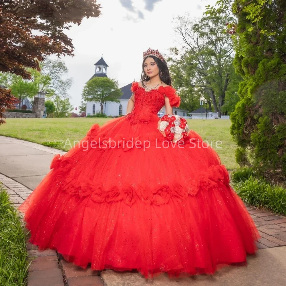 Angelsbridep индивидуальное красное блестящее тюлевое бальное платье Quinnceanera вечерние