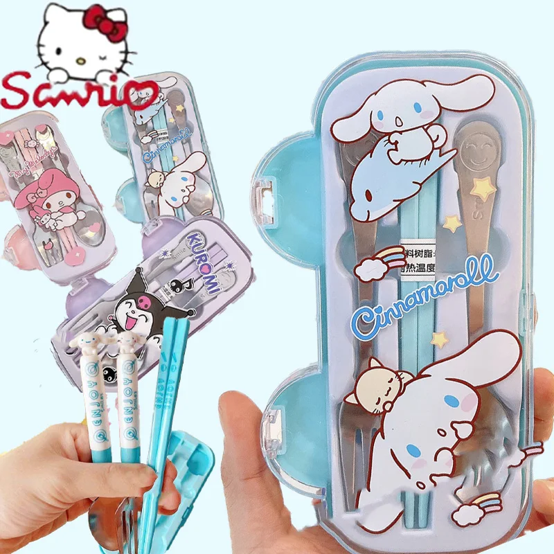 

Kawaii Sanrio Hello Kitty My Melody Cinnamoroll Student Tableware Animation Cartoon Portable Chopsticks Fork Spoon Cutlery Set