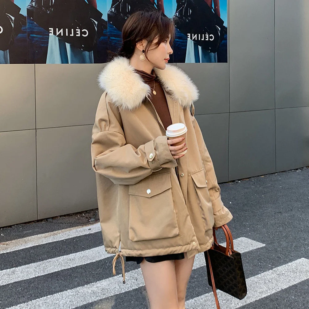 

Autumn Winter Plus Velvet Padded Jacket Women's Down Cotton Jacket Female Loose Hooded Faux Fur Collar Zipper Warm Winter Parkas