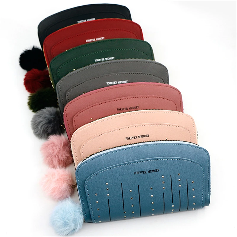 

Women PU Leather Fur Ball Ornaments Wallets Lady Retro Rivet Hasp Long Purse Outdoor Portable Bank Card Phone Hand Bag