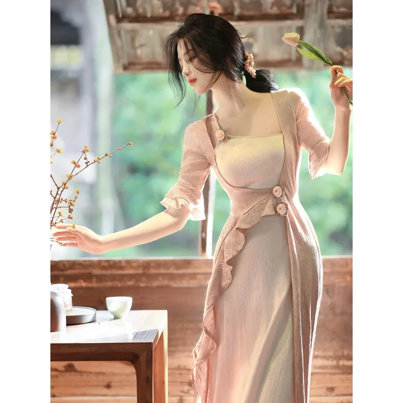 Летние женские лоскутные платья Коричневые бежевые современные Cheongsam с длинными