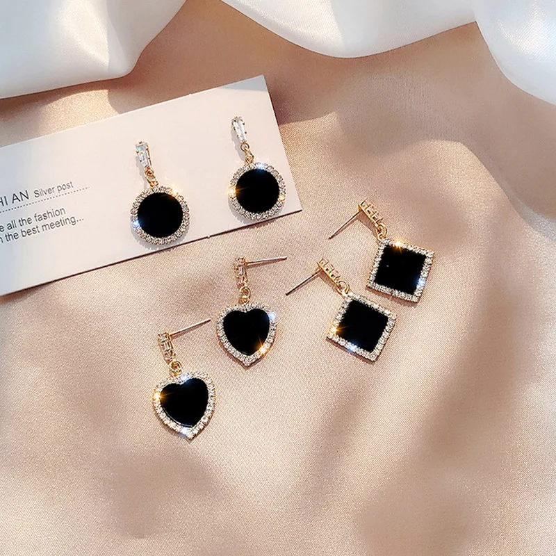 

2022 New Trend Rhinestone Geometric Drop Earrings Women's Korean Fashion Black Drop Earrings Temperament Women's Elegant Jewelry