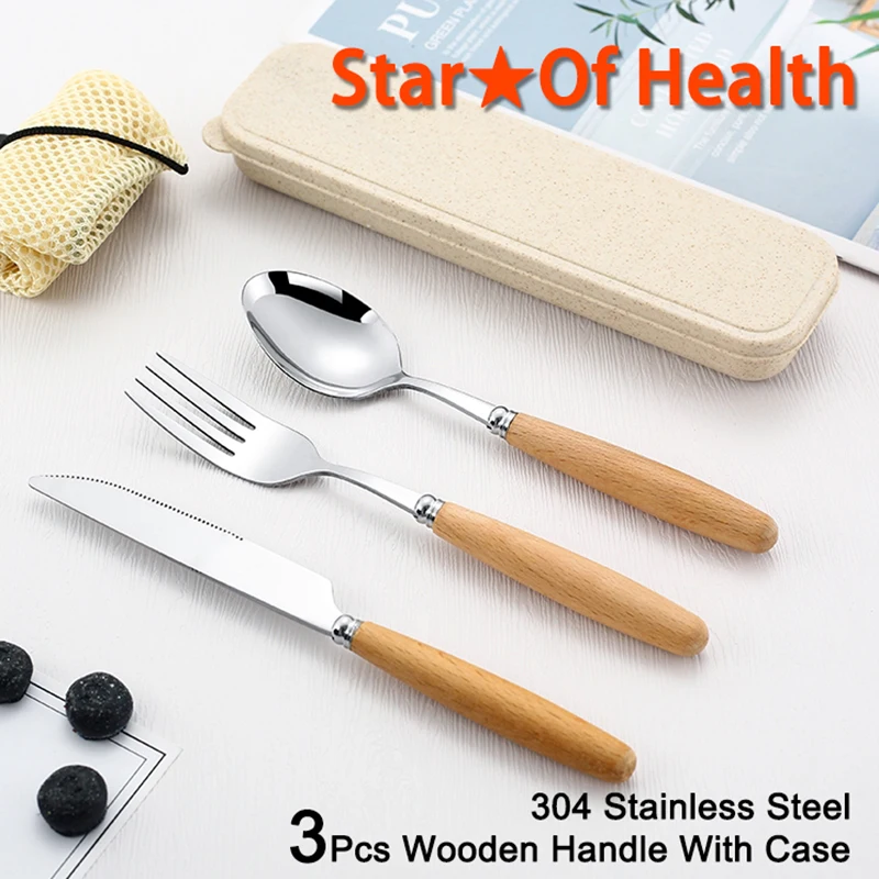 

3Pcs Portable Tableware Set Wooden Dinnerware Set Stainless Steel Steak Knife Fork Spoon Chopsticks Travel Dinnerware Set Box