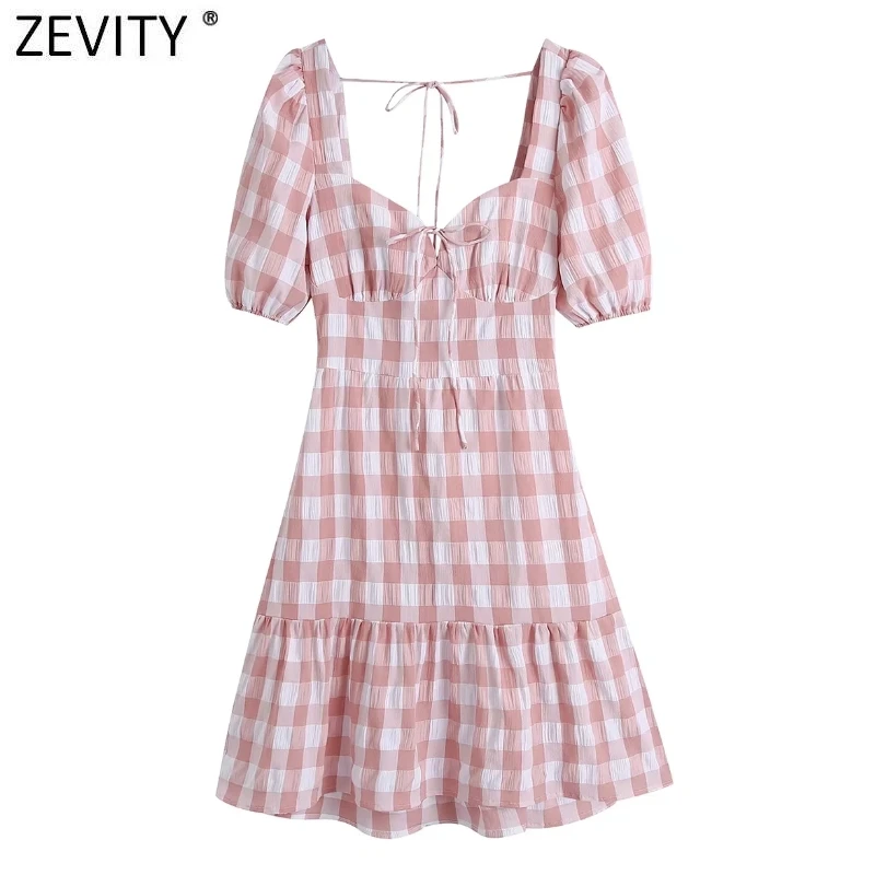 

ZEVITY Women Sweet Pink Plaid Print Hem Pleat Ruffles Mini Dress Ladies Sexy Backless Summer Casual Beach Vestidos DS9309
