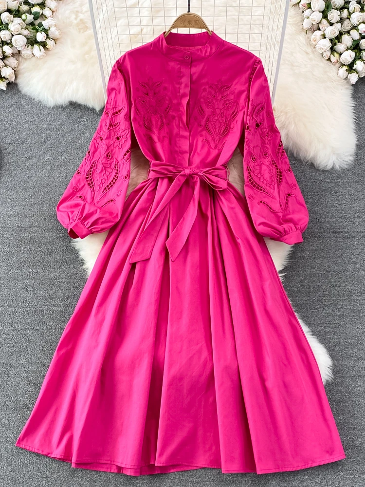 

платье женское летнее платье летнее Женское платье-трапеция с вышивкой, летнее платье с высокой талией, воротником-стойкой и длинным рукаво...