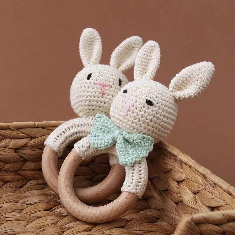 

Baby Teether Wooden Ring Cotton Thread Crochet Animal Rabbit Rattle Knitted Hand Bell Handmade BPA Free Chewing Teething Toys N