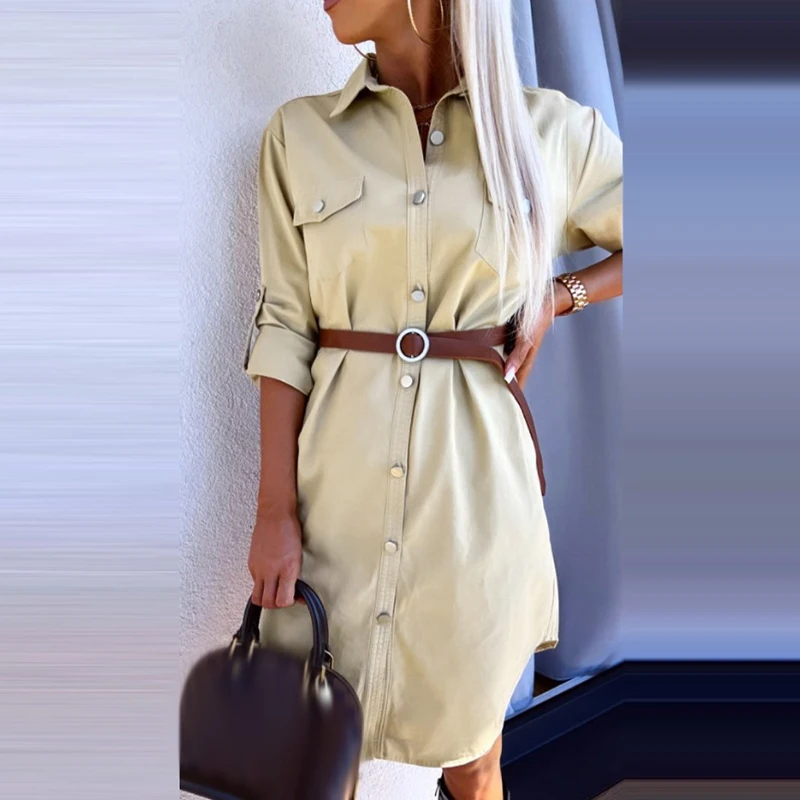 

Женское винтажное платье-рубашка с отложным воротником и длинным рукавом