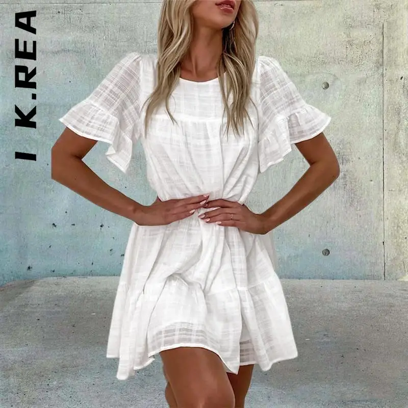 

I K.Rea Dress Women Fashion Boho White Cotton Summer Dresses Elastic Outfits Girl All-Match Dress Woman Female Vestidos