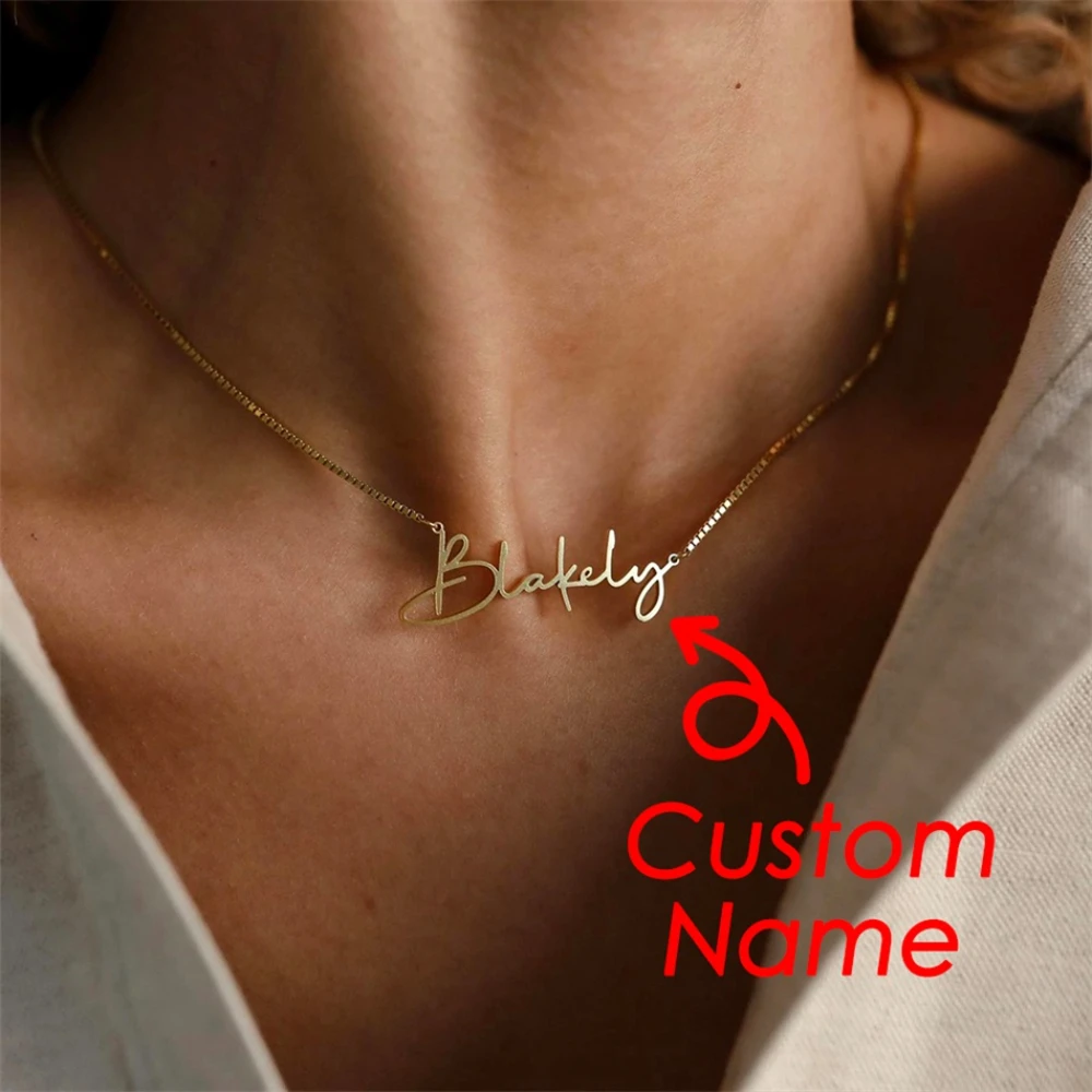Customized Fashion Stainless Steel Name Necklace Personalized Letter Gold Color Choker Box Chain Necklace Pendant Nameplate Gift