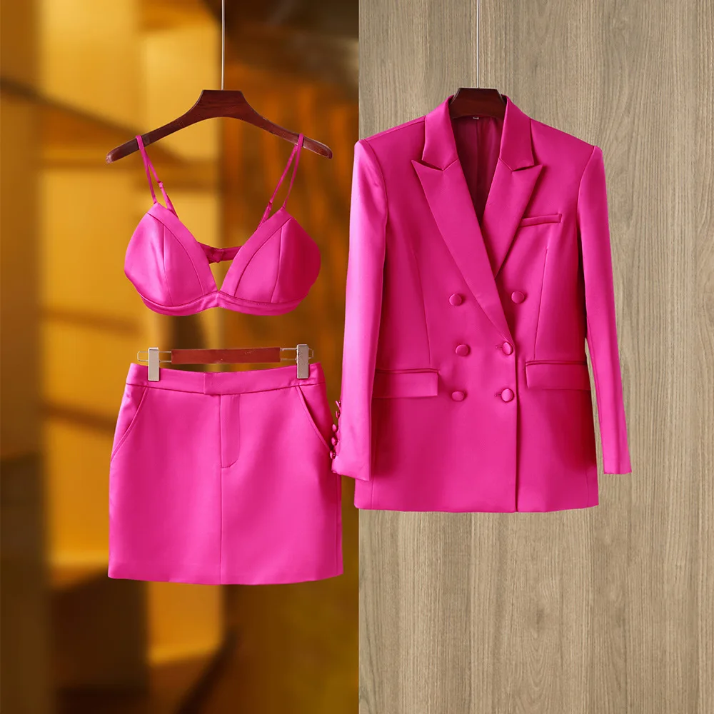 

2023 New Rosered Button Women Long Sleeve Sexy 3 Pieces V Neck Bodycon Set Fashion Celebrate Nightclub Party Bar Singer Set