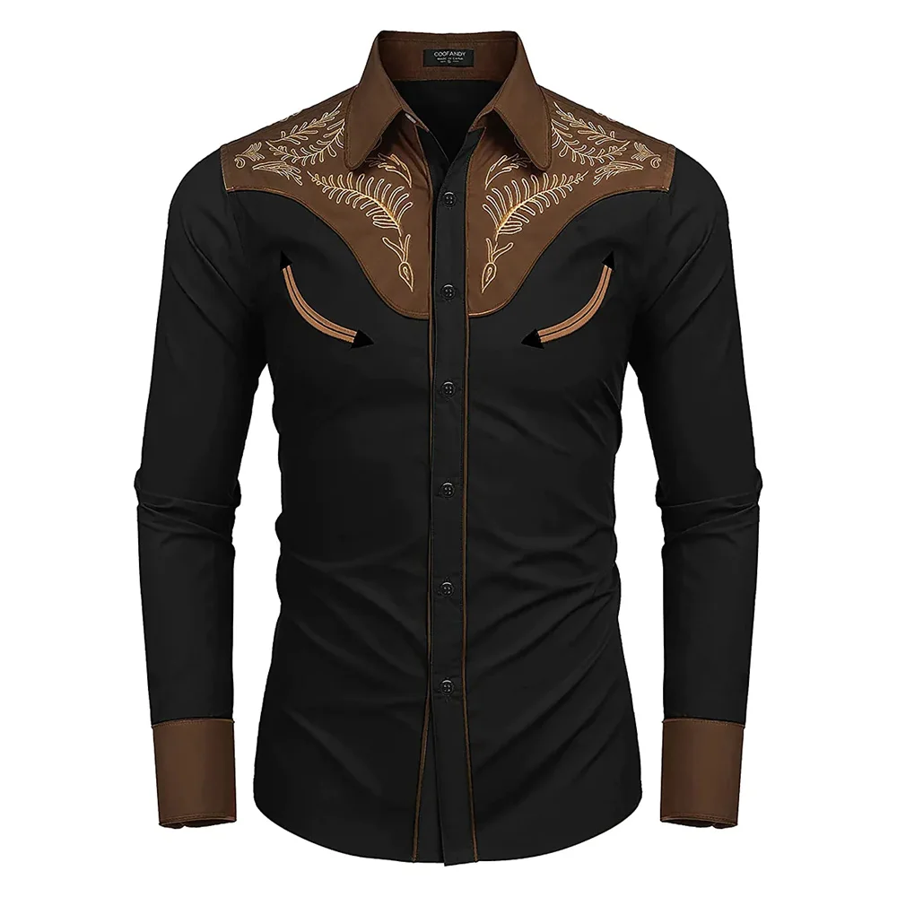 2023 new men's western printed long -sleeved lapel single -breasted shirt casual social men's club street clothing