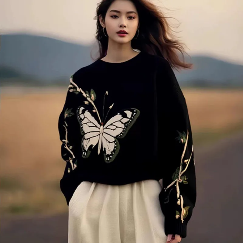 Осень-зима толстые свободные пуловеры с круглым вырезом женские жаккардовые