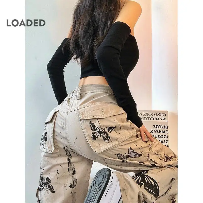 

2022 Splash-ink Butter Fly Cargo Pants Autumn High Waist Straight Pants Y2k Streetwear Vintage Women Bottom