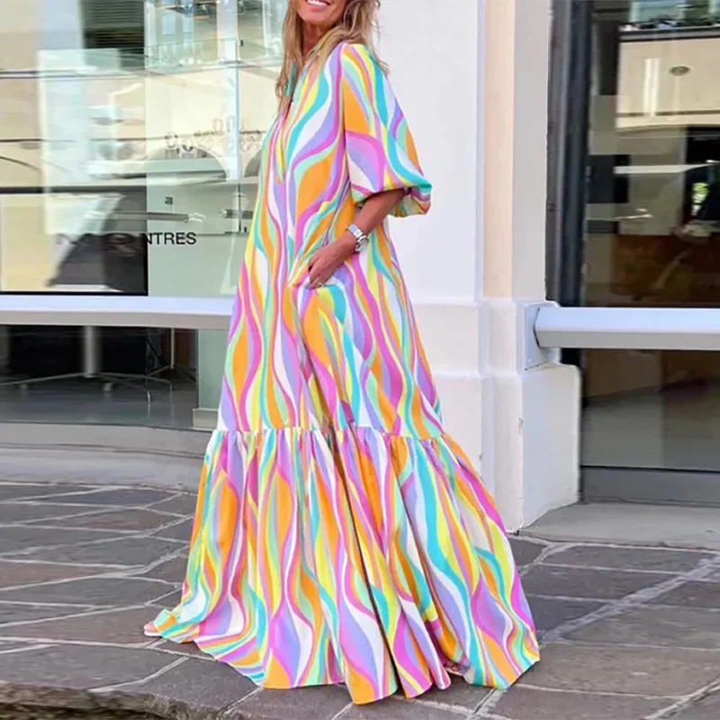 

Elegant 3/4 Sleeve Pleat Beach Loose Dress Fashion Casual Colorful Print Shirt Dress Women V Neck Loose Party Dresses Streetwear