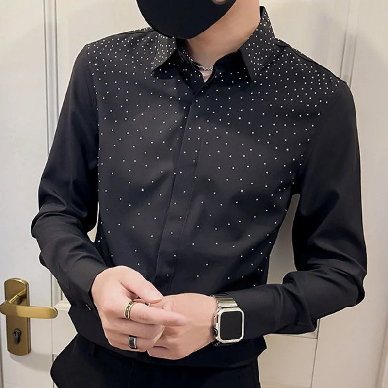 

Rhinestone Czech Shirt Men's Long-sleeved Slim Casual Bottoming Shirt Nightclub Clothing Social Party Stage Singer Chemise Homme