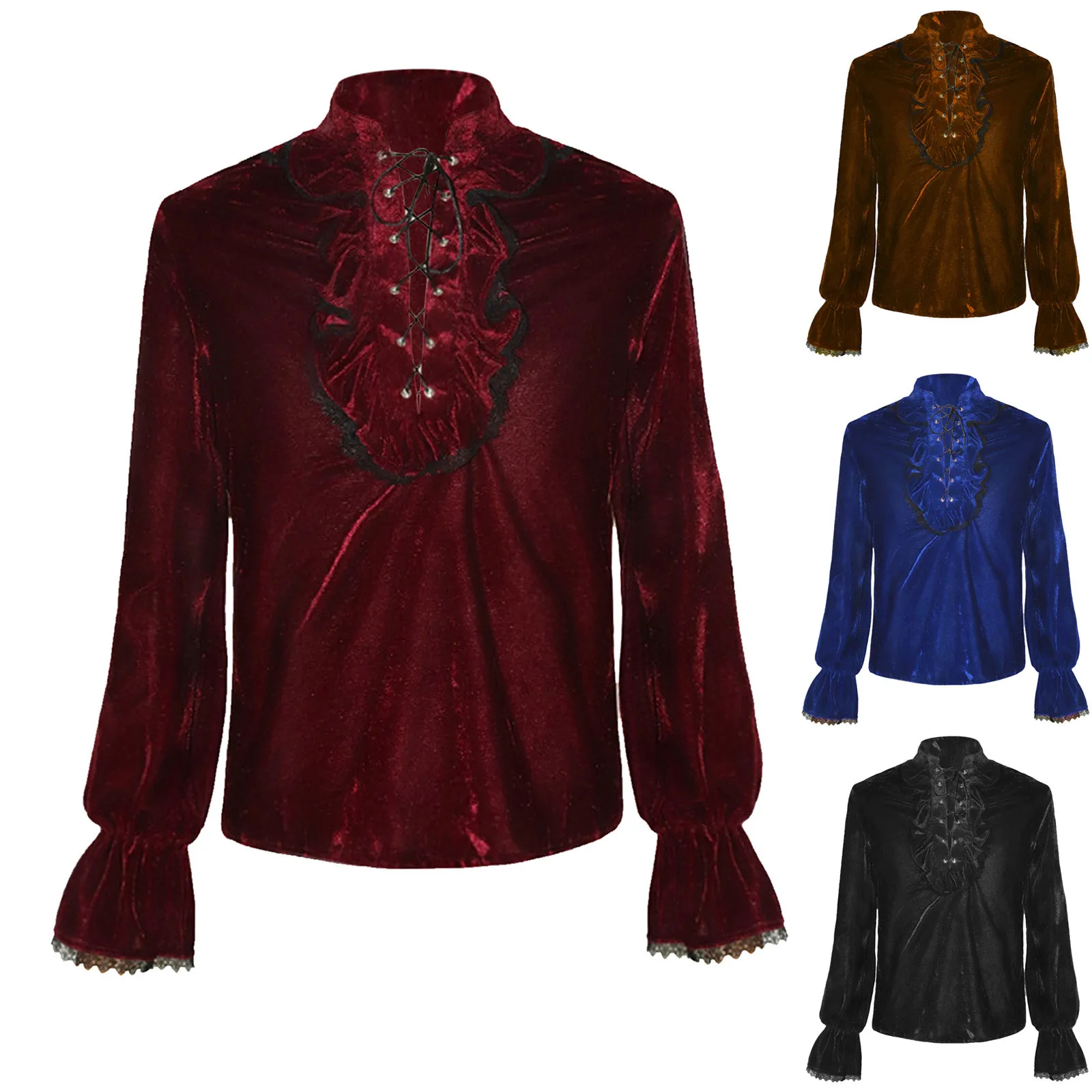 

Мужская бархатная рубашка со шнуровкой, с воротником-стойкой и длинными рукавами