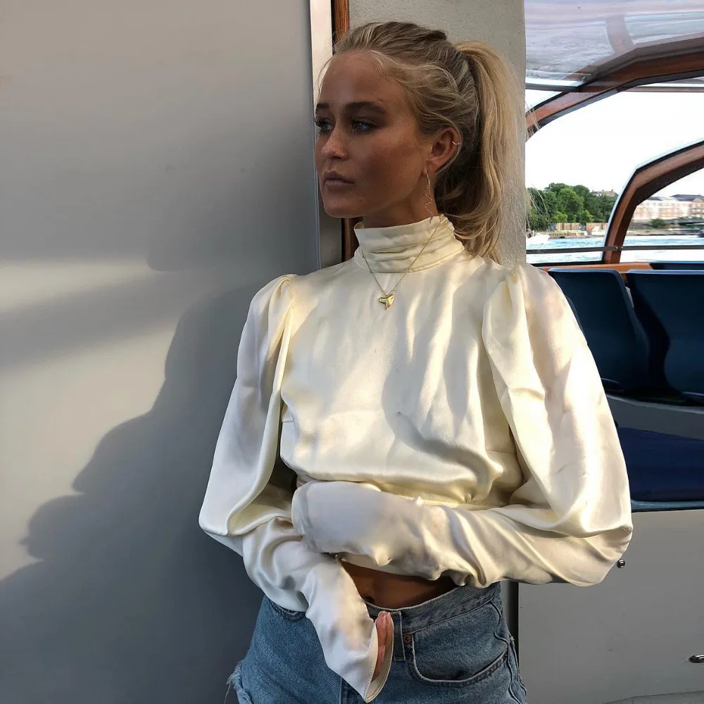 

Women Long Sleeve Office Lady Satin Blouse Shirt Sexy Office Ladies Turtle Neck Backless Bandage Tops