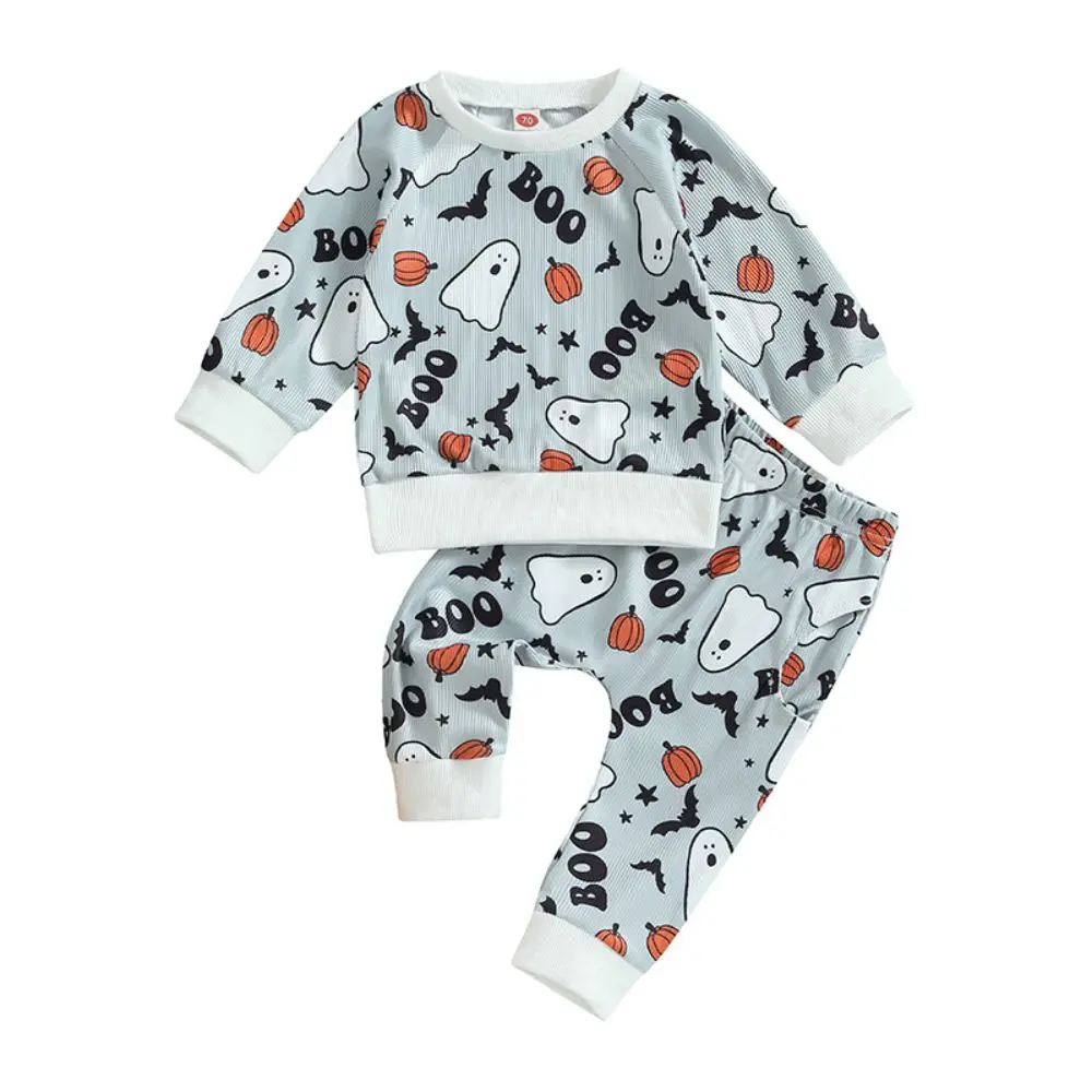 

2023 Autumn Halloween Infant Baby Boys Pants Sets Long Sleeve Pullover Tops and Print Pants Fall Clothes Sets for 0-24M