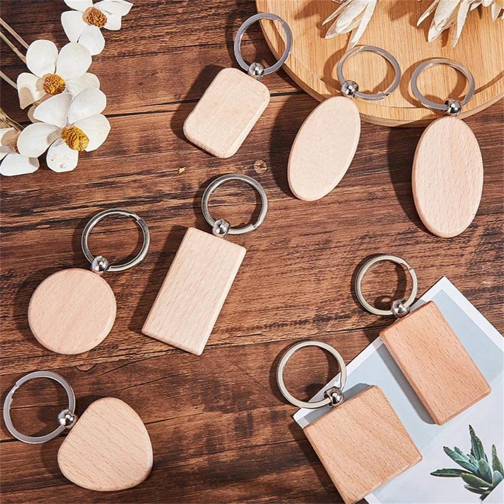 

Blank Wooden Keychain Rounded Rectangle Square Heart Shaped Pendant Keyring Tag Can Be Engraved for Parents Children DIY Gifts