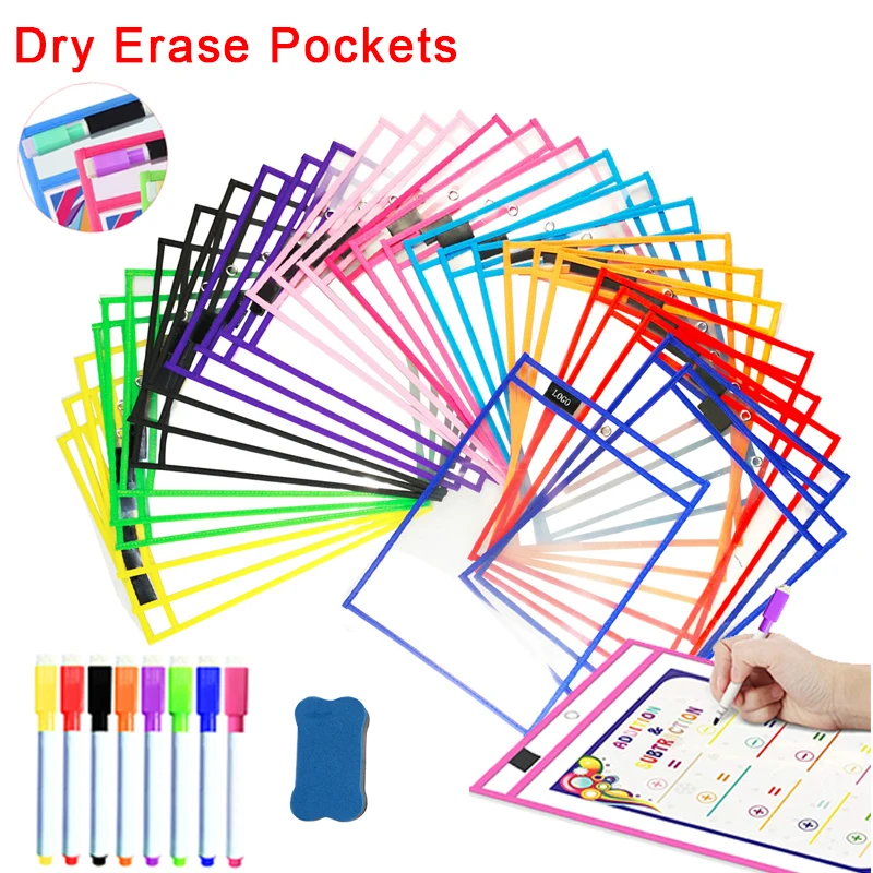Dry Erase Pockets Bag Reusable PP File Erasable Write and Wipe Drawing Transparent Blackboard Markers Used for Teaching Supplies