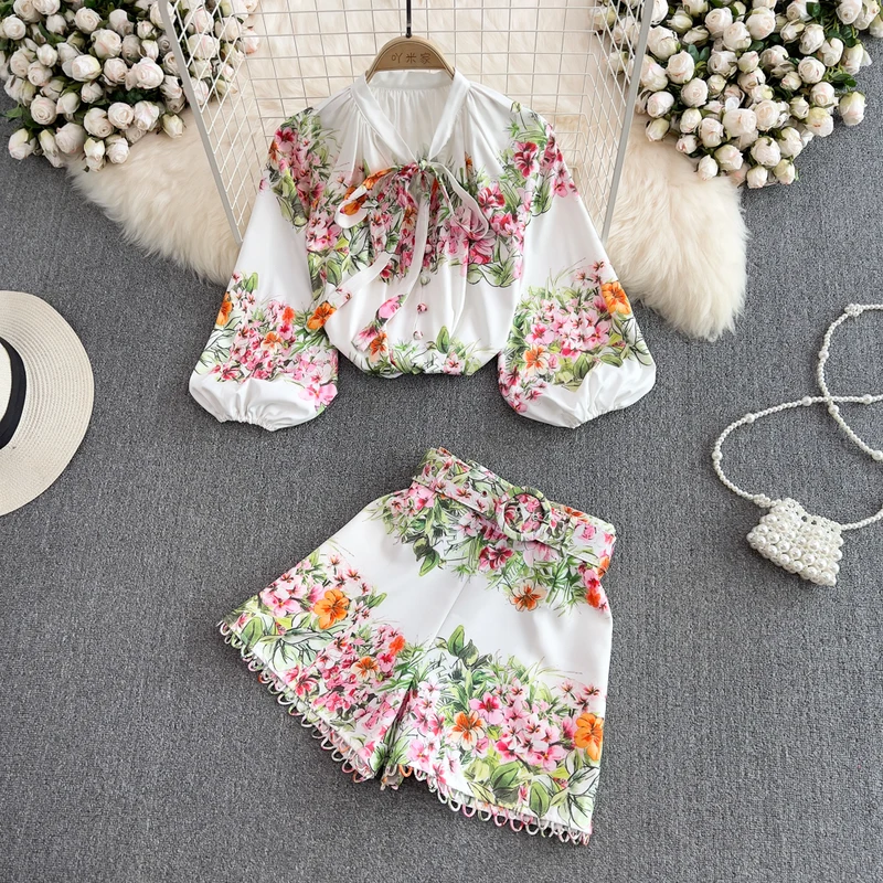 

Summer Two Piece Set Tracksuit Casual Outfit Suits Women Print Lantern Sleeve Shirt Blouse Tops Chiffon Shorts Pants 2 Piece Set