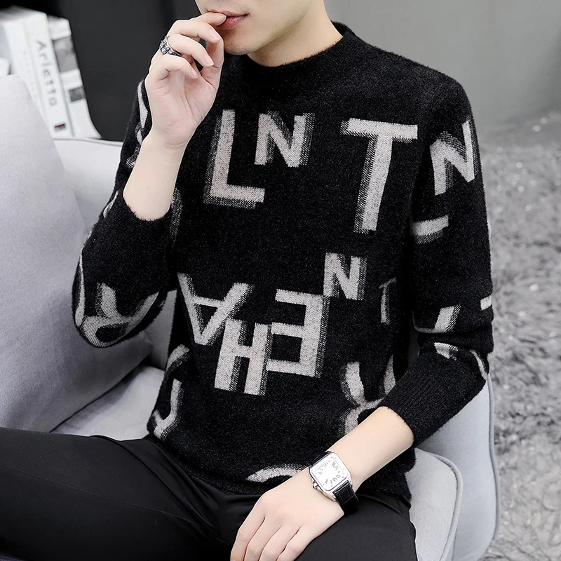 

New Winter Top Quality Brand Crew Neck Sweater Men Fashion Letter Soft Warm Mink Velvet Knit Sweaters Mens Korean Slim Pullovers