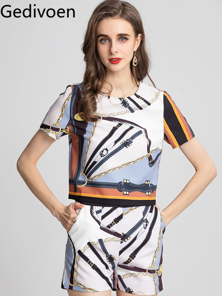 

Gedivoen Fashion Runway Summer Shorts Suits Women's stripe Short sleeve Printed Top and Shorts Two Pieces Sets