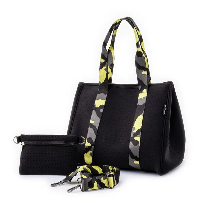 

Neoprene Tote Bag with Zipper Travel Gym and Beach Tote Bag for Women Everyday Handbag, Makeup Pouch and Camo Strap